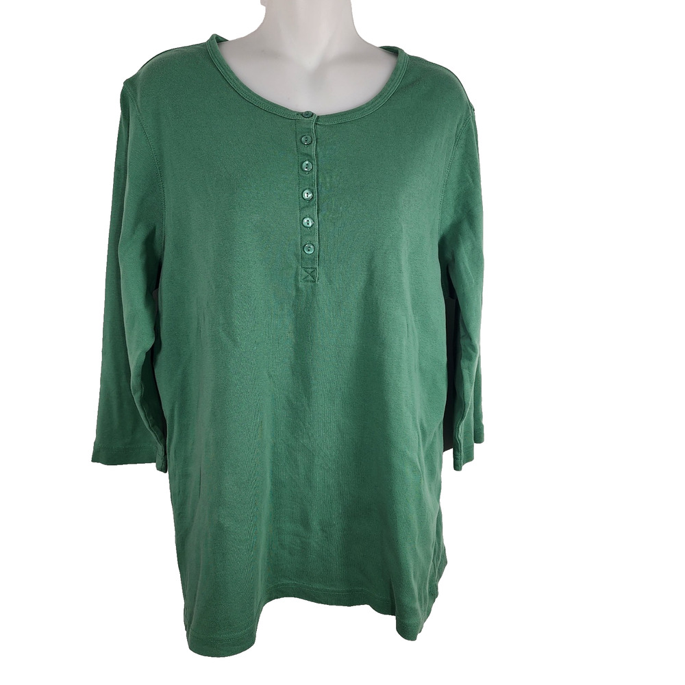 Duluth Trading Women's Longtail T 3/4 Sleeve Henley Large Green Knit Cotton